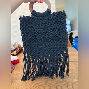 Black crochet bag with wooden handle